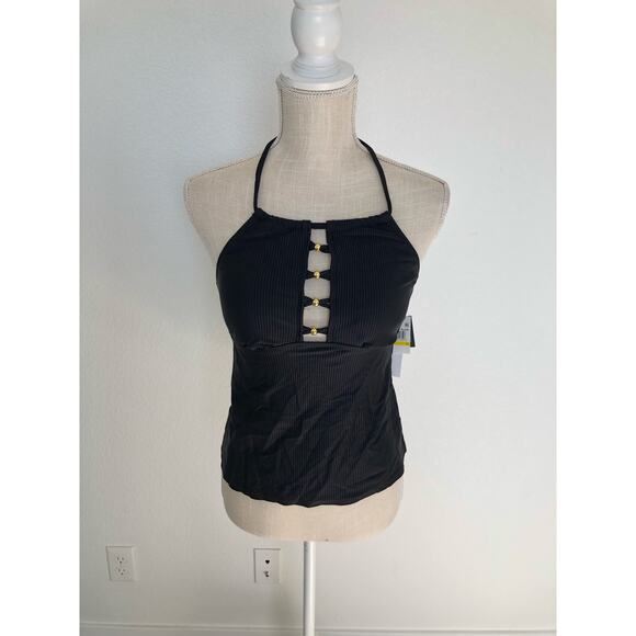 Salt & Cove Black Cutout Halter Ribbed Tankini Top - XS - Picture 2 of 7